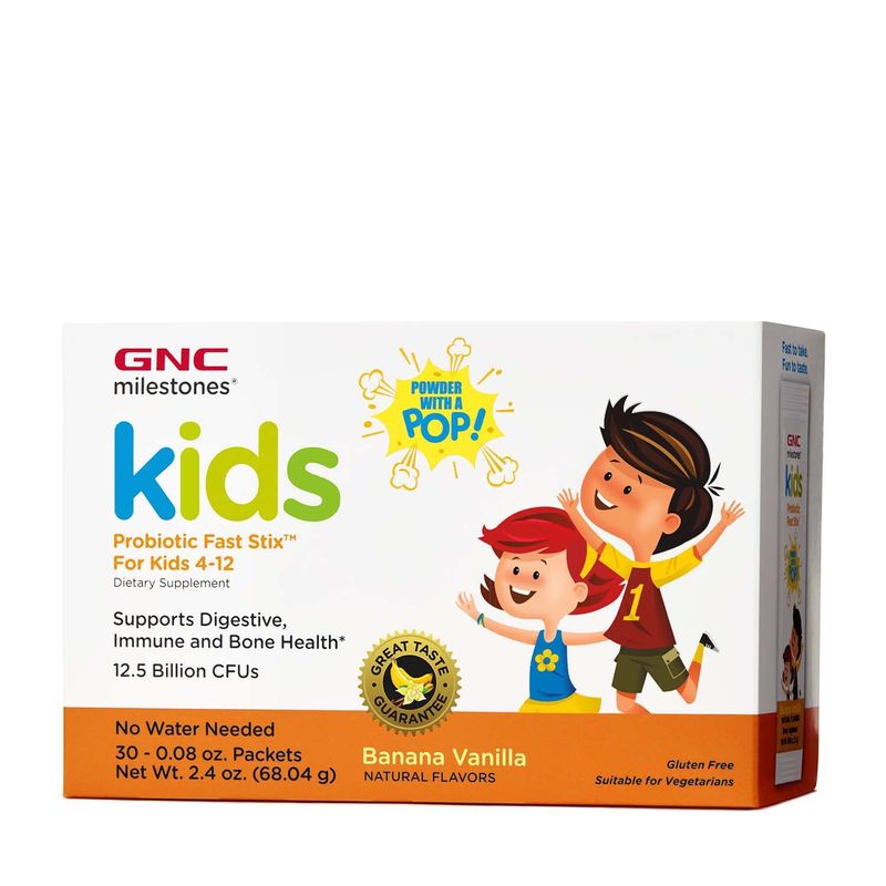 GNC Milestones Kids Microbio Complex Fast Stix, Probiotice pentru Copii 4+ Ani cu Aroma de Vanilie si Banane | 30 Plicuri