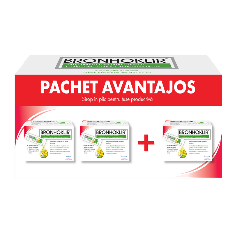 Pachet Bronhoklir sirop tuse productiva 2+1, Stada | 3 x 15 plicuri