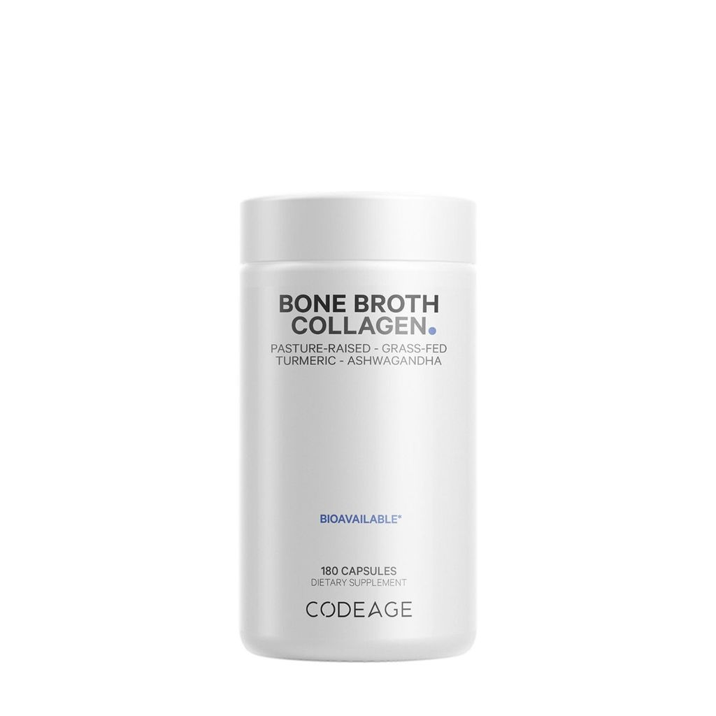 CodeAge Bone Broth Collagen Peptides, Peptide din Colagen de Tipul I, II si III din Fiertura de Oase cu Turmeric si Ashwagandha | 180 Cps