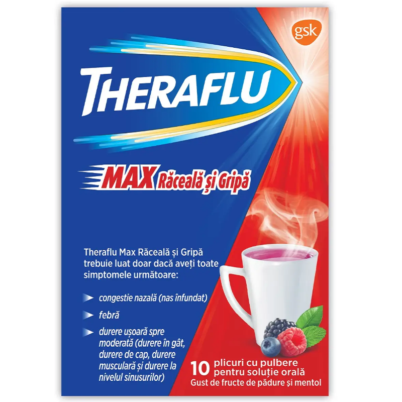 Theraflu Max Raceala si Gripa, 1000 mg/10 mg/70 mg pulbere pentru solutie orala, Gsk | 10 plicuri