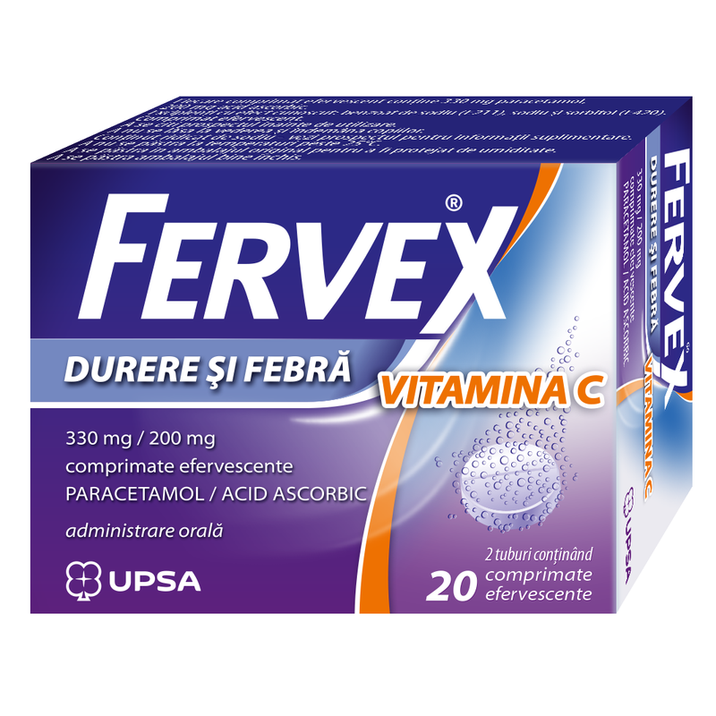 Fervex Durere si Febra Vitamina C, 330 mg/ 200 mg, Upsa | 20 comprimate efervescente