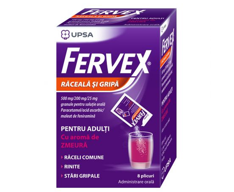 FERVEX RACEALA SI GRIPA PENTRU ADULTI CU AROMA DE ZMEURA 500mg/200mg/25mg x 8 GRAN. PT. SOL. ORALA, UPSA SAS | 500mg/200mg/25mg