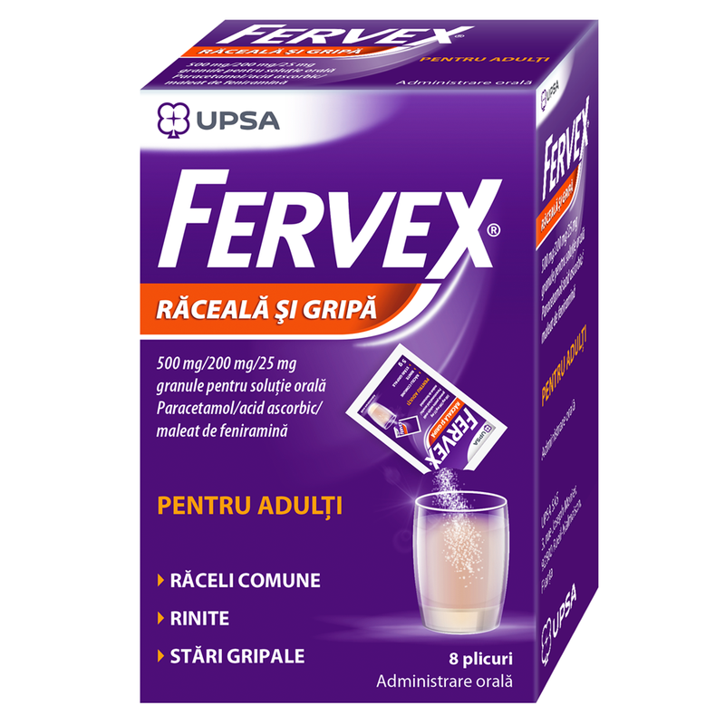 Fervex Raceala si Gripa pentru adulti, 500mg/200mg/25mg, Upsa | 8 plicuri