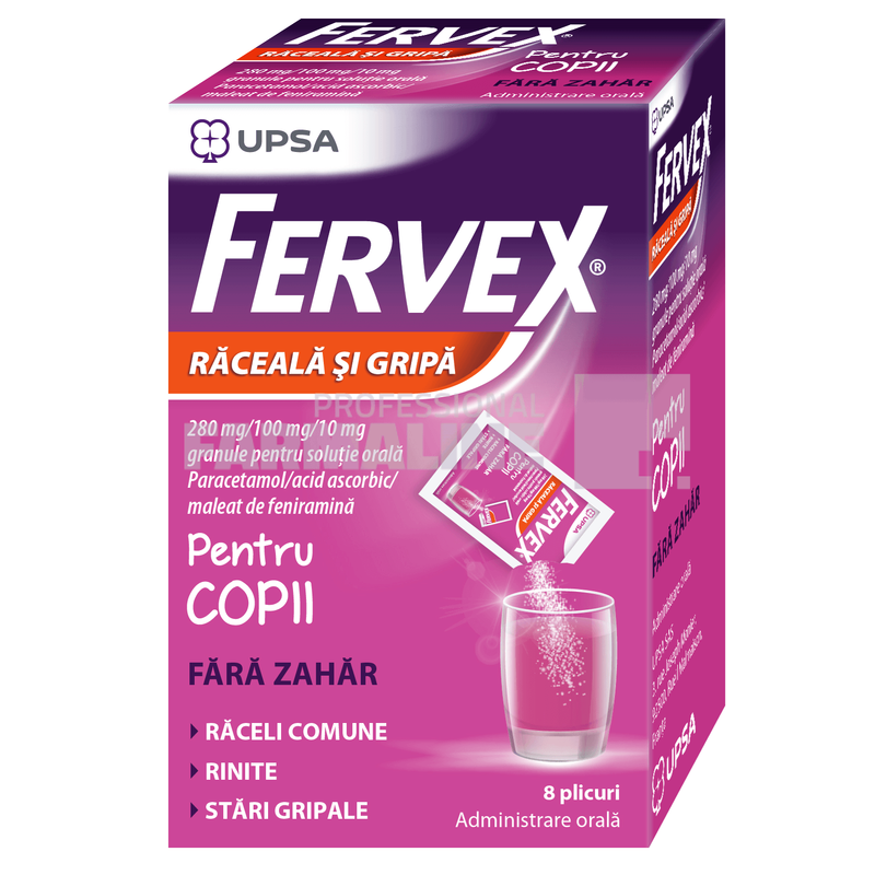 Fervex Raceala si gripa pentru copii fara zahar, Upsa SAS | 280MG/100 MG/10 MG X 8