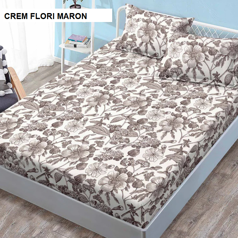 Poza produs Husa de pat cu 2 fete de perna ELEGANCE crem flori maron 160x200 cm, Ralex | 1 buc