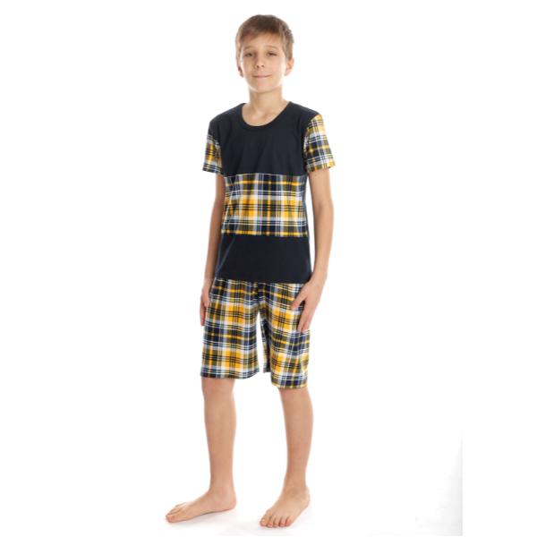 Pijama 1/2 baieti AV2424 bleumarin/galben cadrilat, Andana | marimea 32 (5/6 ani)
