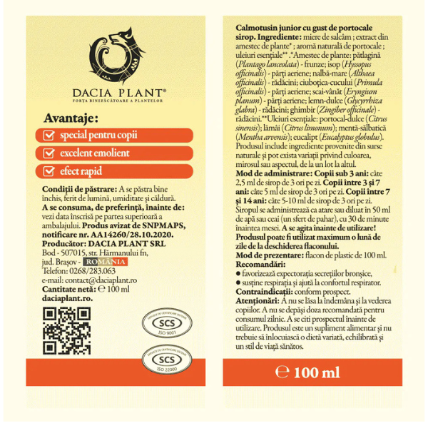 Poza produs Calmotusin Junior Sirop cu gust de portocale, Dacia Plant | 100 ml