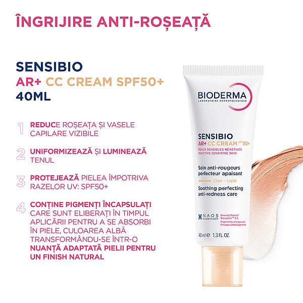 Crema CC pentru piele sensibila cu factor de protectie SPF50+, nuanta Light Tint Sensibio AR+, Bioderma | 40 ml — poza produs 6/14