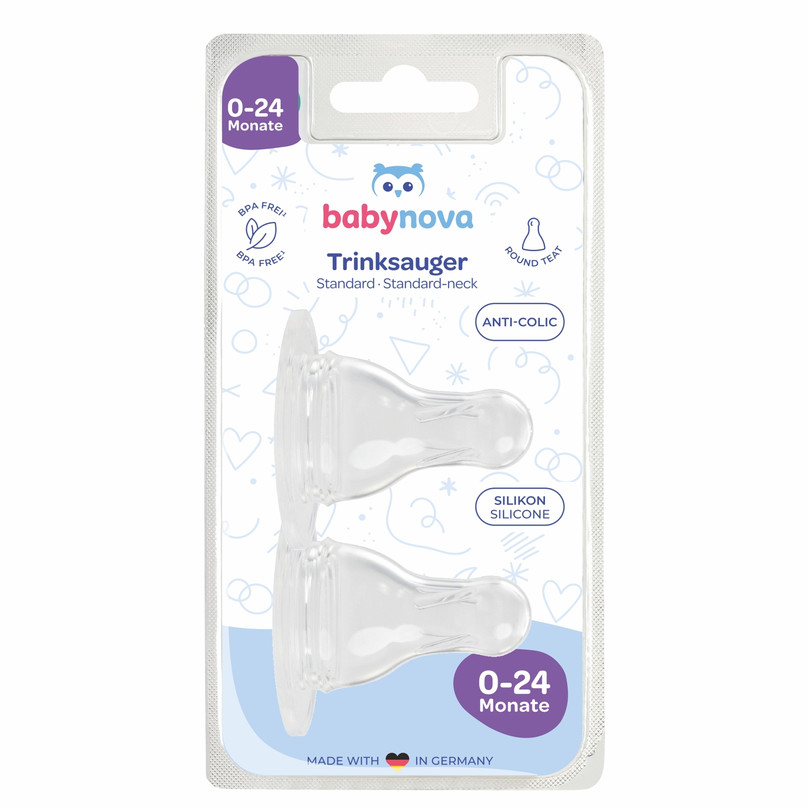 Poza produs Tetine rotunde din silicon, mar.M-debit mediu, 0-24 luni, 17302, Baby Nova | 2 bucati