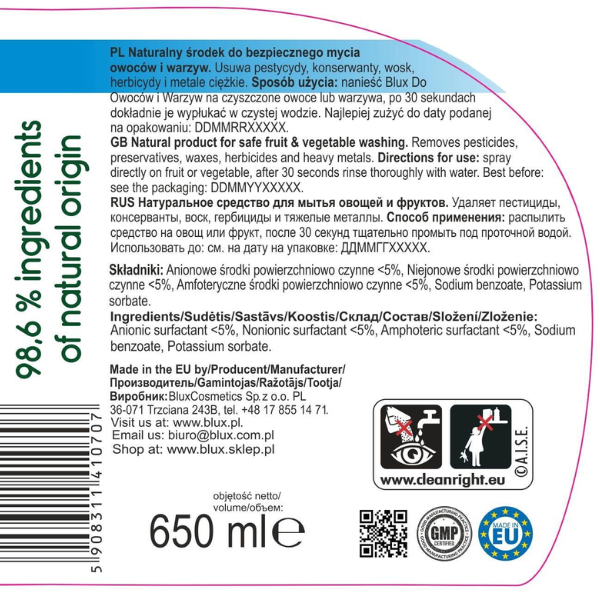 Poza produs Spray pentru spalarea fructelor si legumelor, Blux | 650 ml