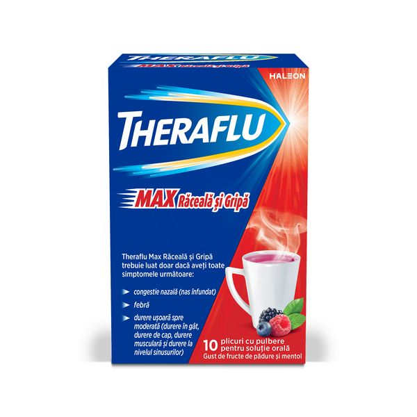 Poza produs Theraflu Max Raceala si Gripa cu aroma de fructe de padure si mentol 1000 mg/10 mg/70 mg, Haleon | 10 plicuri