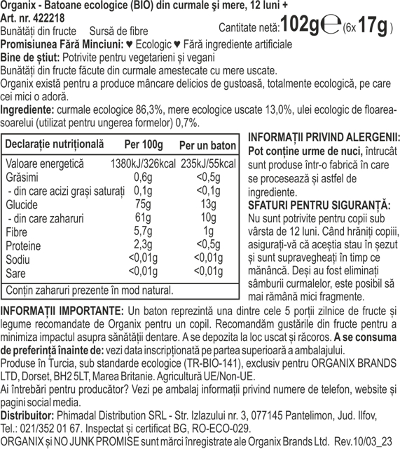 Poza produs BATOANE ECOLOGICE BIO DIN CURMALE SI MERE 12+ LUNI 16X7G 422218