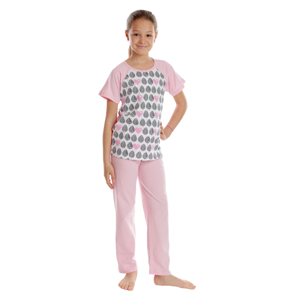 Pijama fete AV2420 roz/imprimeu frunze, Andana | marimea 34 (7/8 ani) — poza produs 1/3