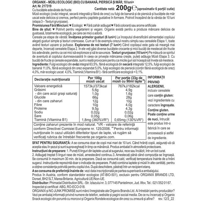 Poza produs Musli ecologic cu banana, piersica si mar, +10 luni, Organix | 200 g