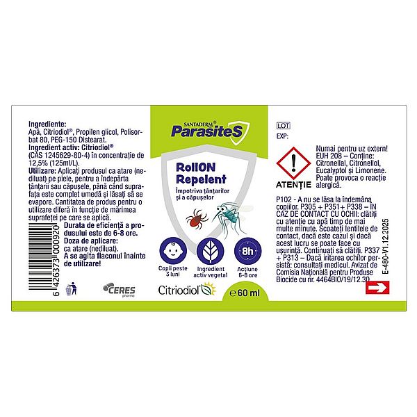 Roll-on repelent impotriva tantarilor si capuselor Parasites Santaderm, Viva Pharma | 60 ml — poza produs 2/3