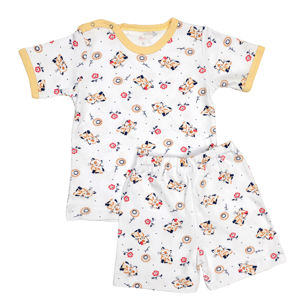 Poza produs Pijama maneca scurta RB06 alb/imprimeu pisicute, Rombaby | 3/4 ani