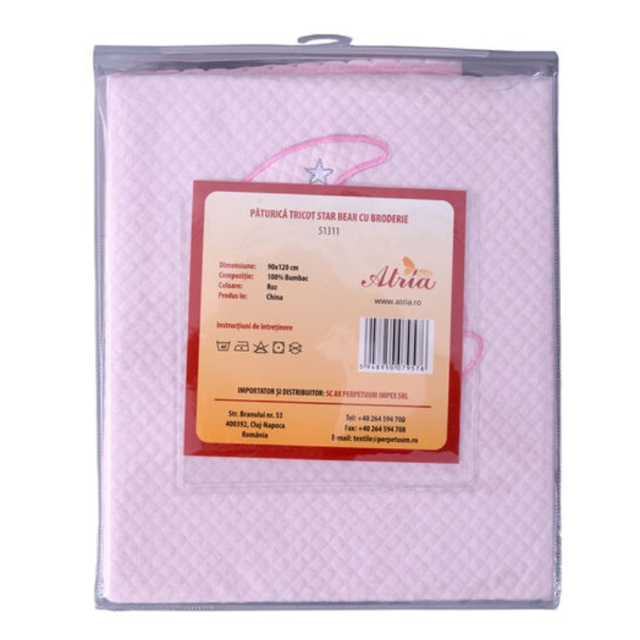 Poza produs Paturica tricot brodata pentru bebelusi STAR BEAR roz, Perpetuum | 70x90 cm