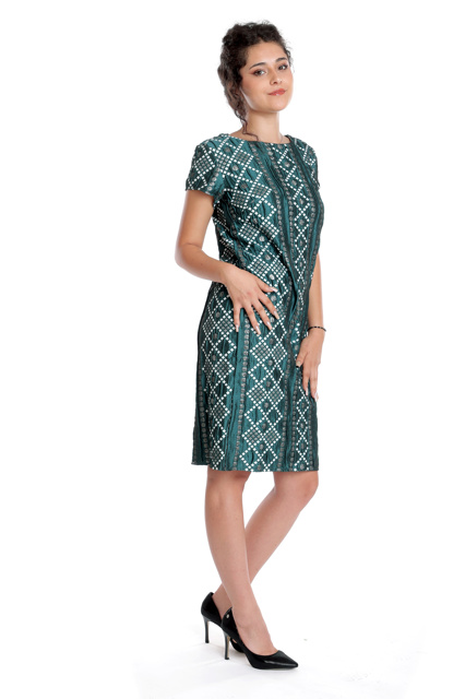 Poza produs Rochie brocart CT23061 verde padure/alb geometric, Cesy | marimea S