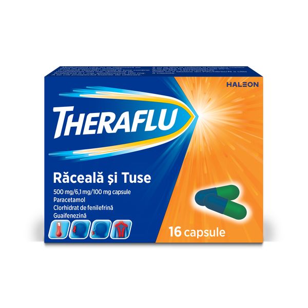 Poza produs Theraflu Raceala si tuse, Haleon | 500 mg/6,1 mg/100 mg, 16 cps