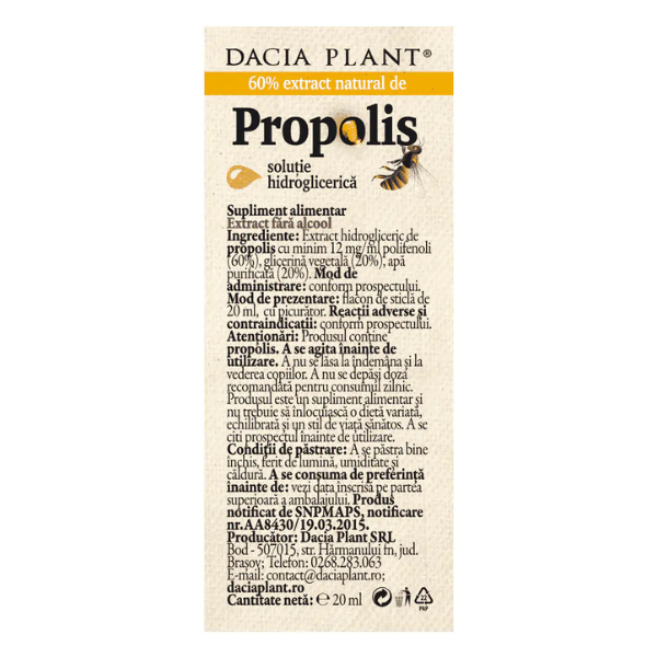 Poza produs Propolis fara alcool cu picurator, Dacia Plant | 20 ml