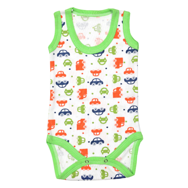 Poza produs Body maiou/2 capse RB01 alb/imprimeu masinute/verde, Rombaby | 12/18 luni