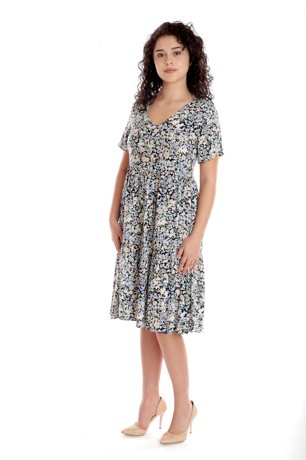 Poza produs Rochie volane CV24052 SIZE albastru/somon microfloral, Cesy | marimea XXL