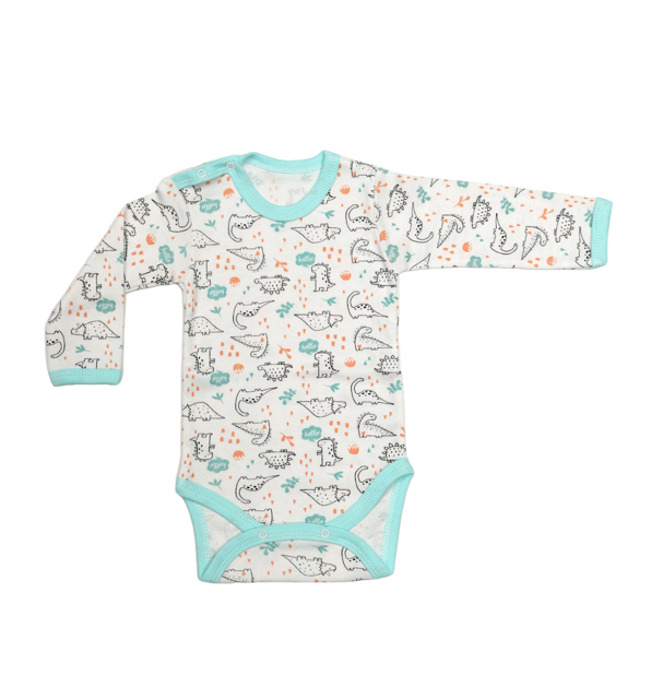 Poza produs Body 4 capse maneca lunga RB07 alb/dinozauri, Rombaby | 9/12 luni