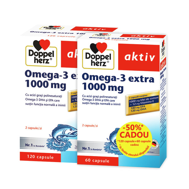 Poza produs Omega 3 Extra 1000 mg, Doppelherz Aktiv | 120 comprimate + 60 comprimate CADOU