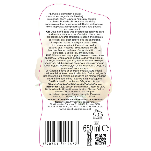 Poza produs Sapun lichid Glicerina si Extract de Masline Naturaphy, Blux | 650 ml