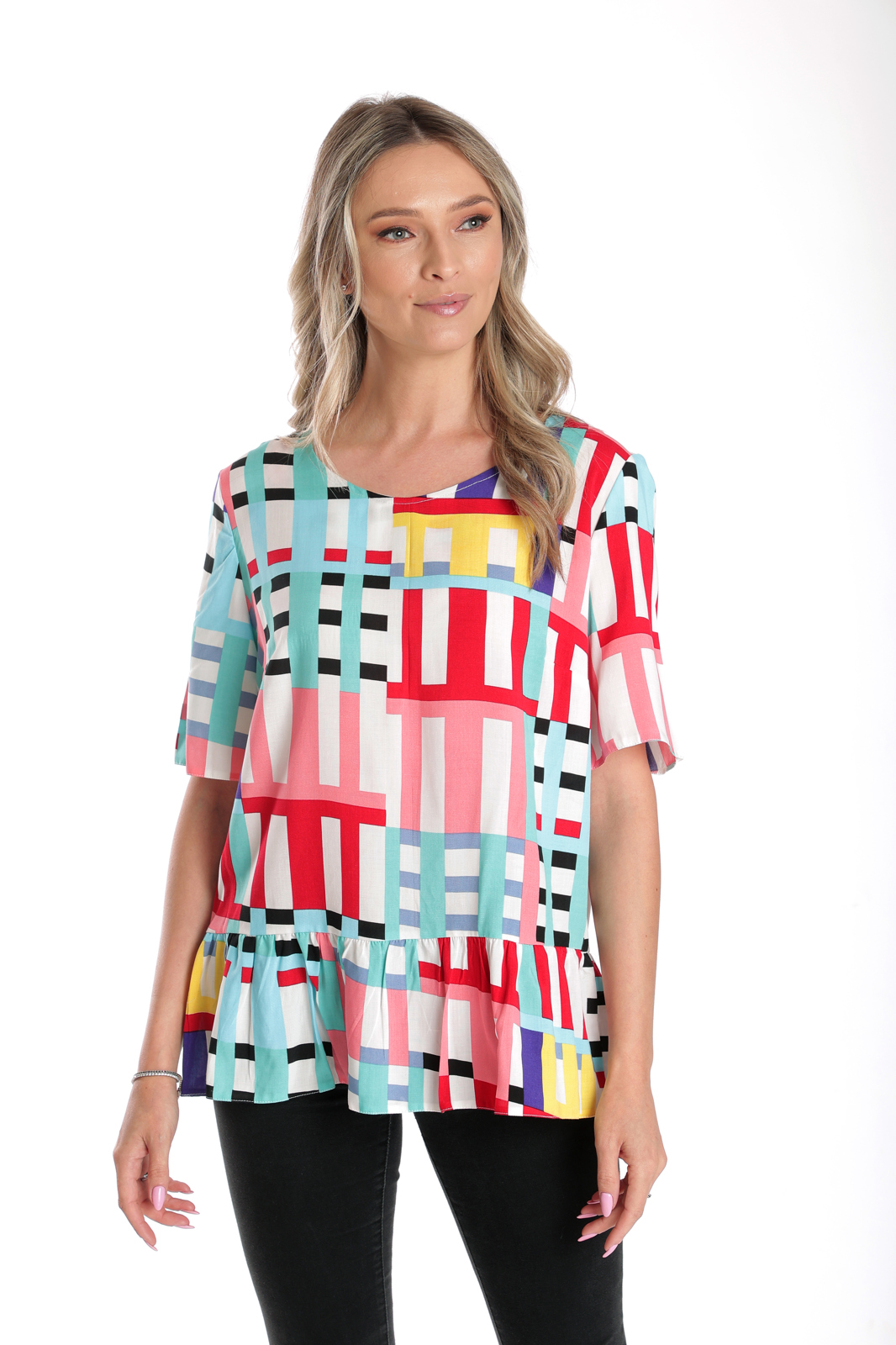 Poza produs Bluza volan CV24056 alb/multicolor cadrilat, Cesy | marimea L