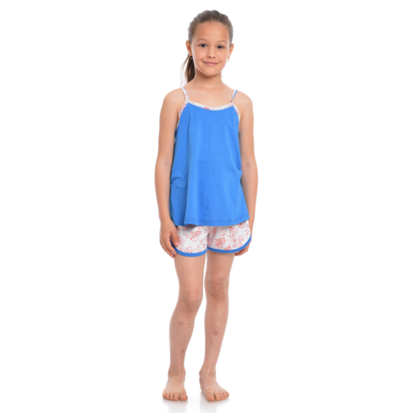 Pijama de vara fete AV2237 albastru/alb floral, Andana | marimea 34 (7/8 ani) — poza produs 1/3