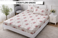 Husa de pat cu 2 fete de perna FINET crem flori grena 160x200 cm, Ralex | 1 buc