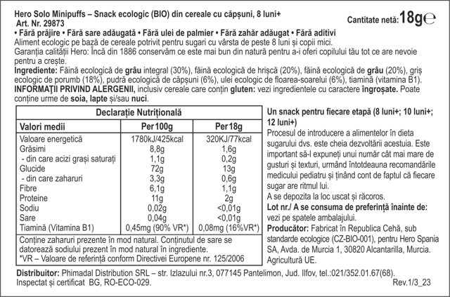 Poza produs Snack Bio din cereale cu capsuni Solo Minipuffs 8+ luni, Hero | 18 g