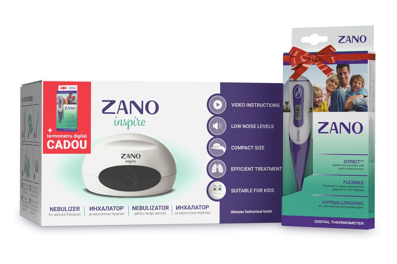 Poza produs Nebulizator cu compresor pentru copii si adulti Zano Inspire + Termometru, Unicoms