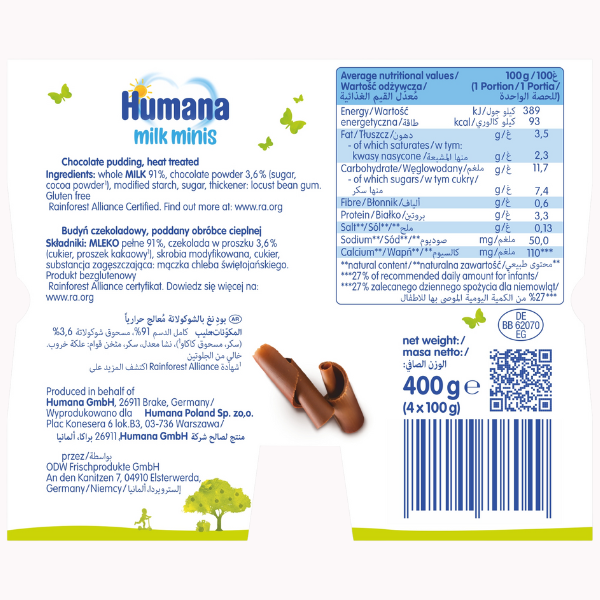 Poza produs Budinca cu ciocolata Milk Minis 10+ luni, Humana | 4 x 100 g
