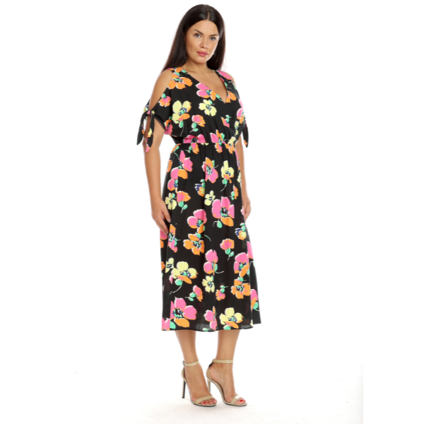 Poza produs Rochie decupaj maneci DV23R51 negru/multicolor floral, Dress to Impress | marimea 48