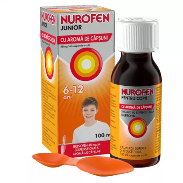 Poza produs Nurofen Junior 6-12 ani 40mg/ml suspensie orala cu aroma de capsuni, Reckitt Benckiser | 100 ml