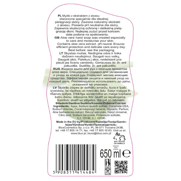 Poza produs Sapun lichid Glicerina si Extract de Aloe Vera Naturaphy, Blux | 650 ml