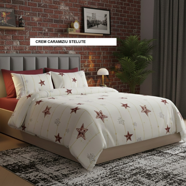 Poza produs Lenjerie de pat policoton ELVO crem caramiziu stelute 230x250 cm, Ralex | 1 buc