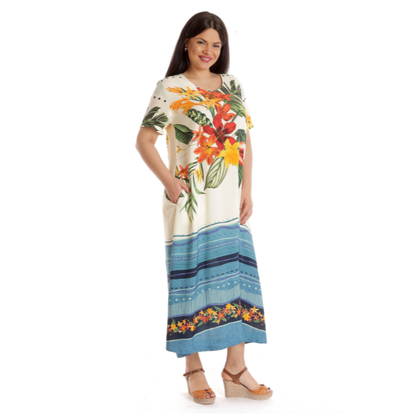 Poza produs Rochie lunga ERV23V230 crem floral/albastru, Eranthe | marimea L
