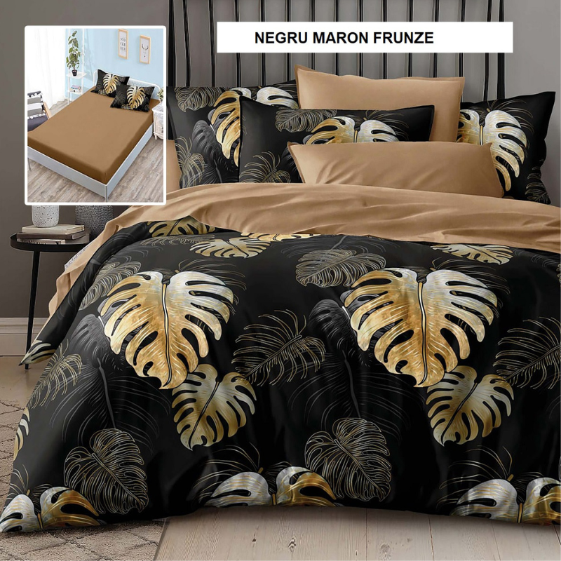 Poza produs Lenjerie pat cu husa FINET (6 piese) negru maron frunze 180x200 cm, Ralex | 1 buc