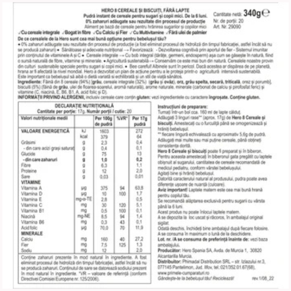 Poza produs Pudra instant 8 cereale cu biscuiti 6+ luni, Hero | 340 g