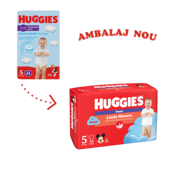 Poza produs Huggies Pants scutece chilotel baietel nr.5, 12-17 kg | 34 bucati