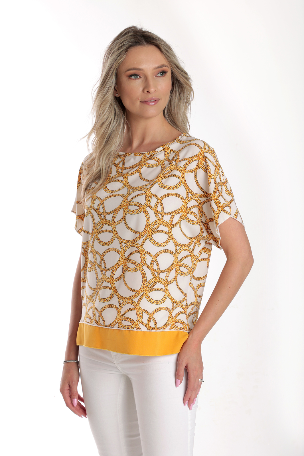 Poza produs Bluza chimono CV24064 alb & mustar cercuri, Cesy | marimea L