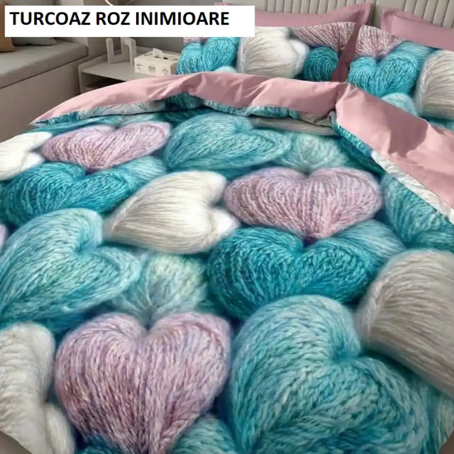 Poza produs Lenjerie pat cu husa FINET (6 piese) turcoz roz inimioare 180x200 cm, Ralex | 1 buc