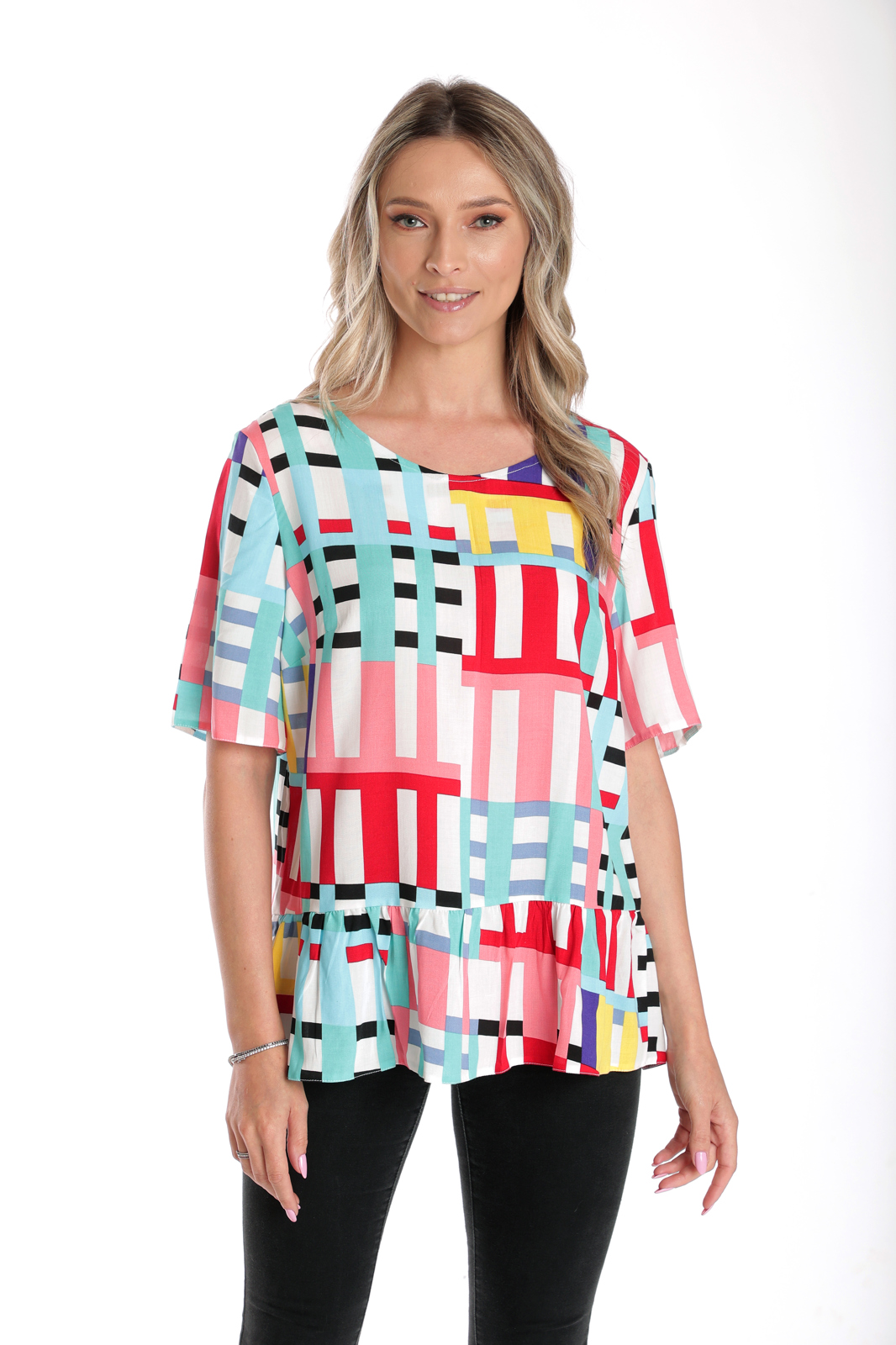 Poza produs Bluza volan CV24056 alb/multicolor cadrilat, Cesy | marimea S