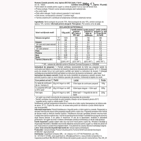 Poza produs Cereale Bio din Porumb, Orez si Tapioca 4+ luni, Humana | 200 g