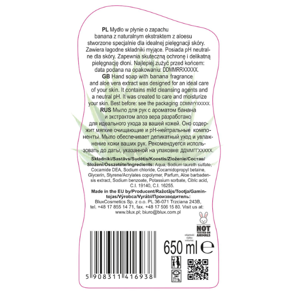 Poza produs Sapun lichid Banane si Extract de Aloe Vera Naturaphy, Blux | 650 ml