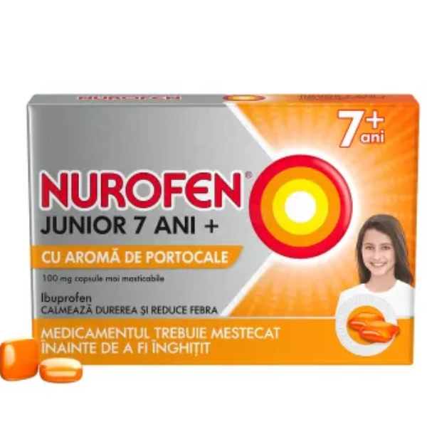 Poza produs Nurofen Junior 100 mg cu portocale 7 ani+, Reckitt Benckiser | 12 capsule masticabile