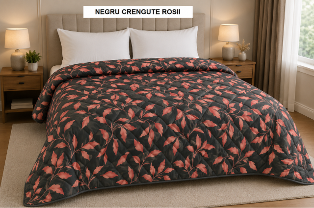 Poza produs Pilota pat 3D 2 persoane negru crengute rosii 200x215 cm, Ralex | 1 buc